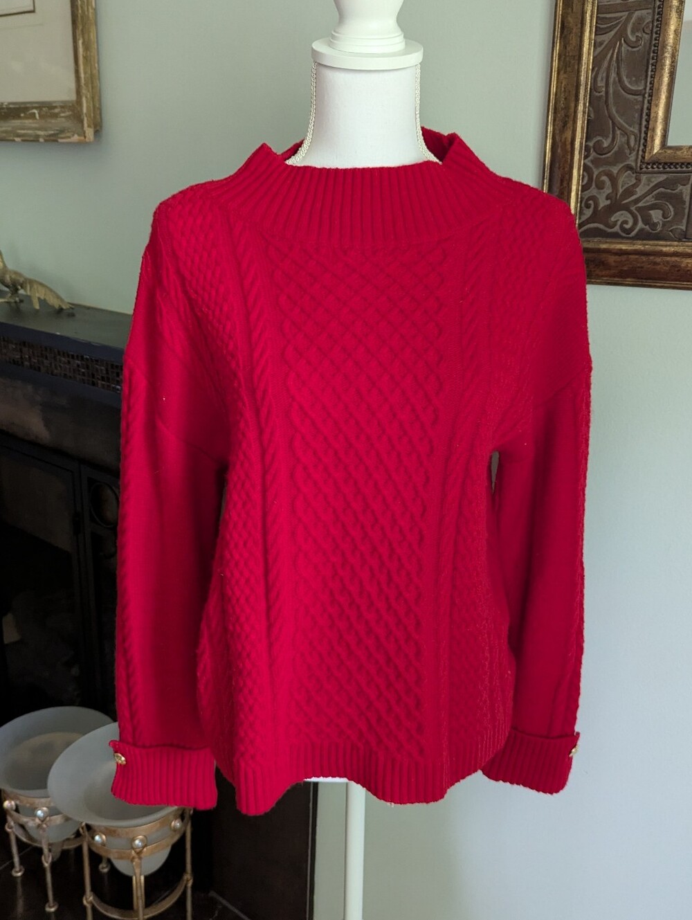 Talbots Women's Medium Red Cable Knit Gold Button Cuff Sweater Mock Neck